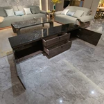 Sophisticated TV Stand with Dark Marble Top, Natural Wood Veneer Panels and Concealed Storage Drawers